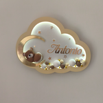 Luce notturna a nuvola oro specchiato con nome personalizzato, orsetto sulla luna e stelle, lampada per cameretta bambini