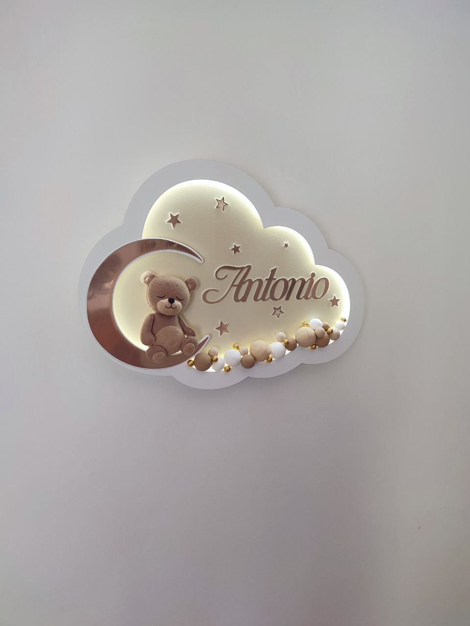 Luce notturna nuvola personalizzata orsetto feltro, luna oro rosa, palloncini beige, fatta a mano