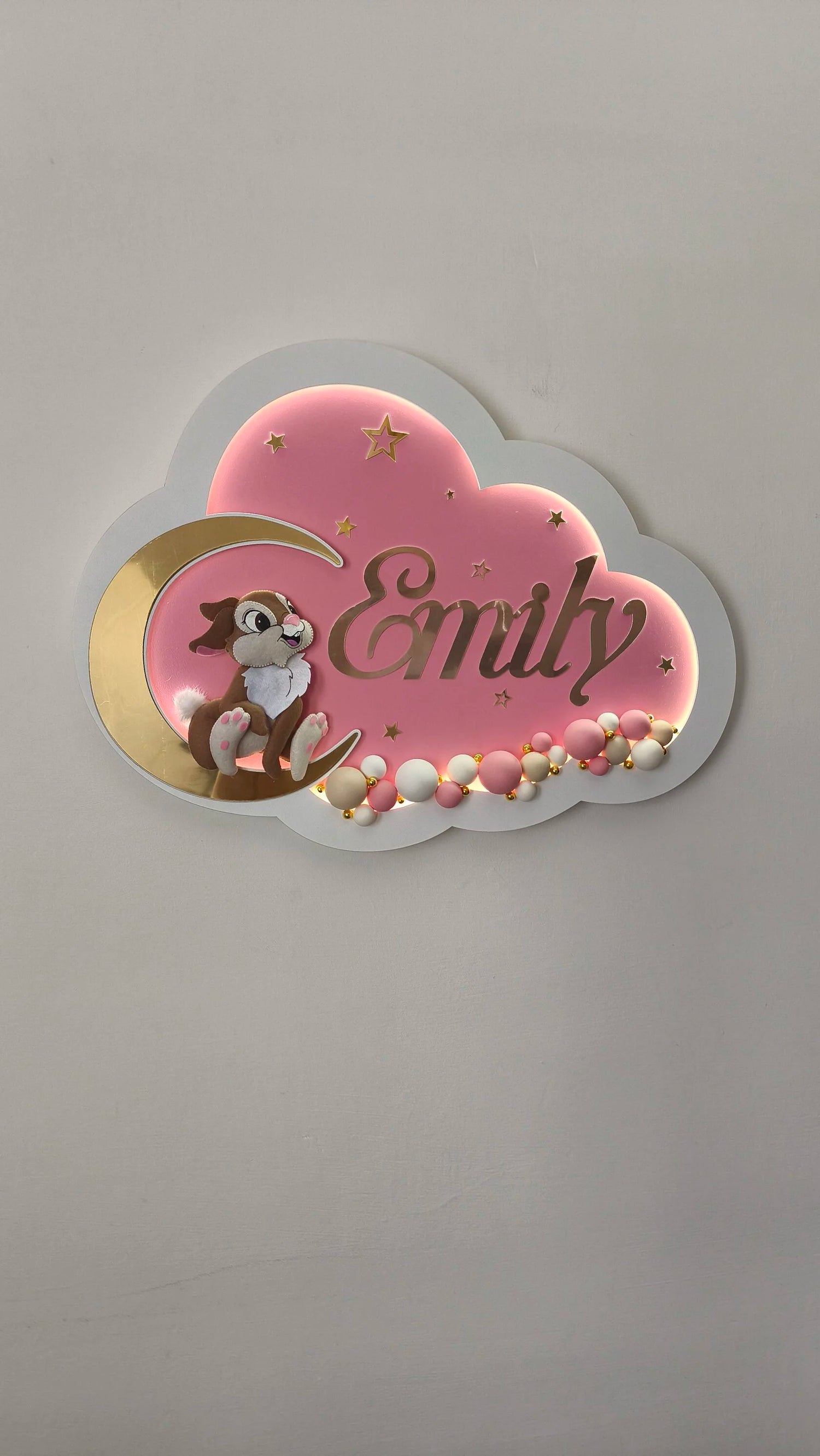 luce notturna nuvola rosa con nome personalizzato, coniglietta luna dorata e perline, lampada per cameretta bambina