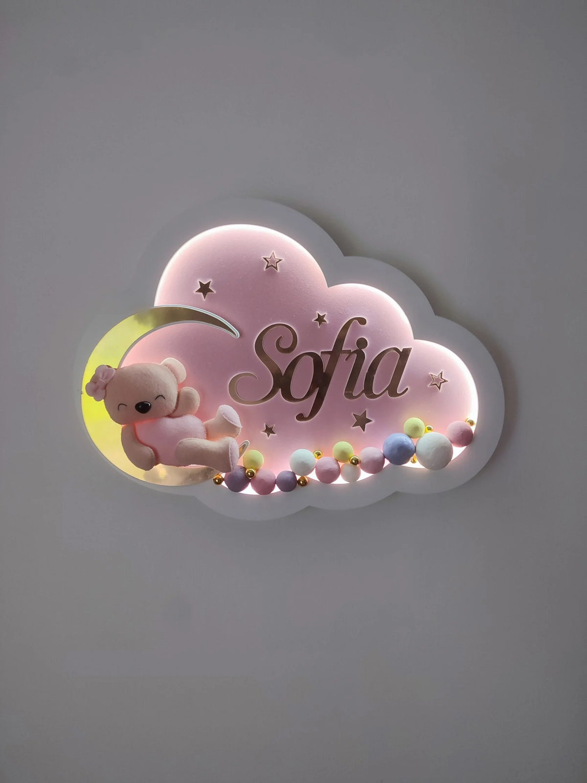 Luce notturna bambini nuvola rosa con orsetto sulla luna dorata e palline dipinte a mano 