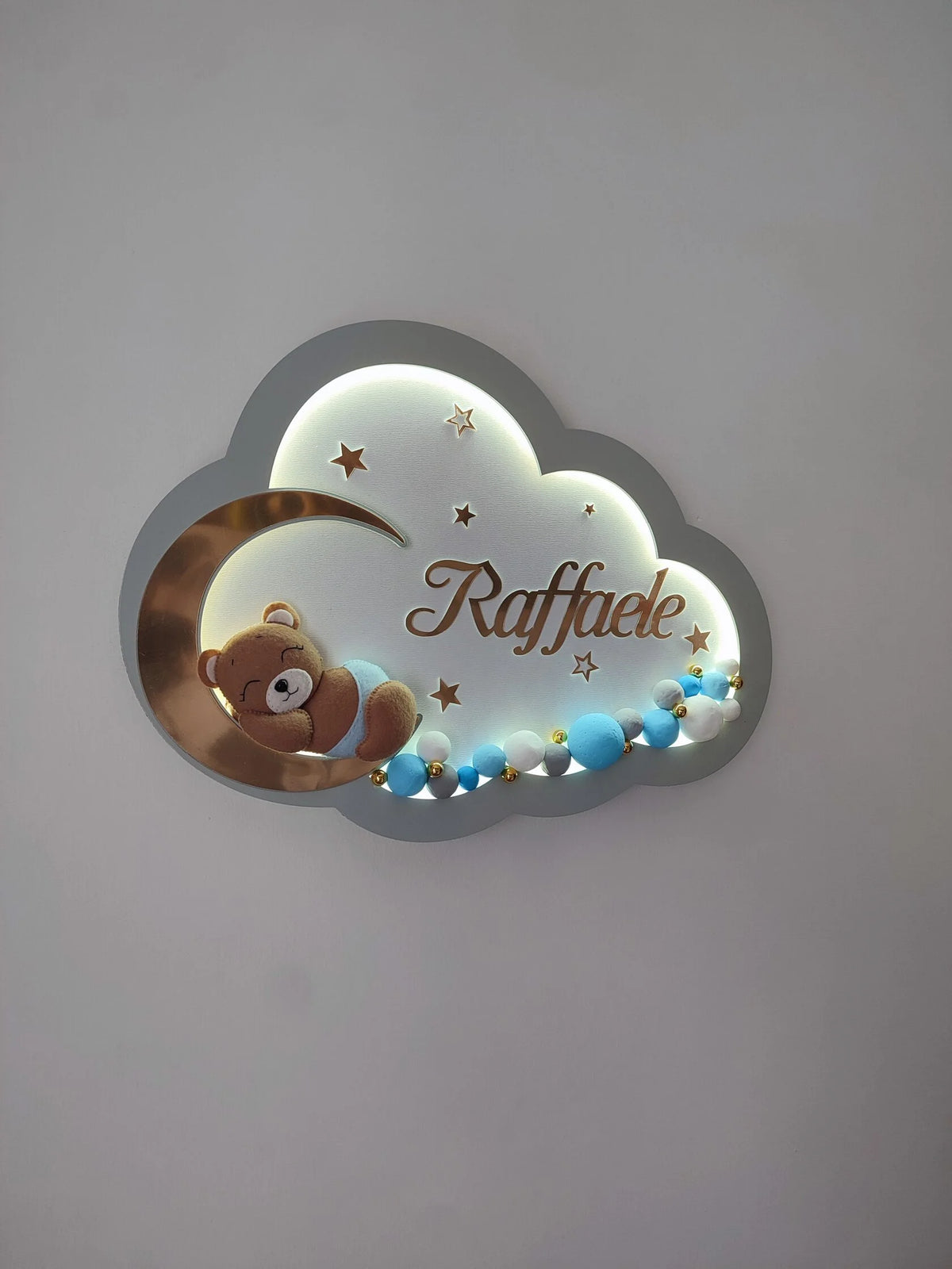 Lampada nuvola personalizzata nome bambino – orsetto luna specchiata, palline celeste bianco oro