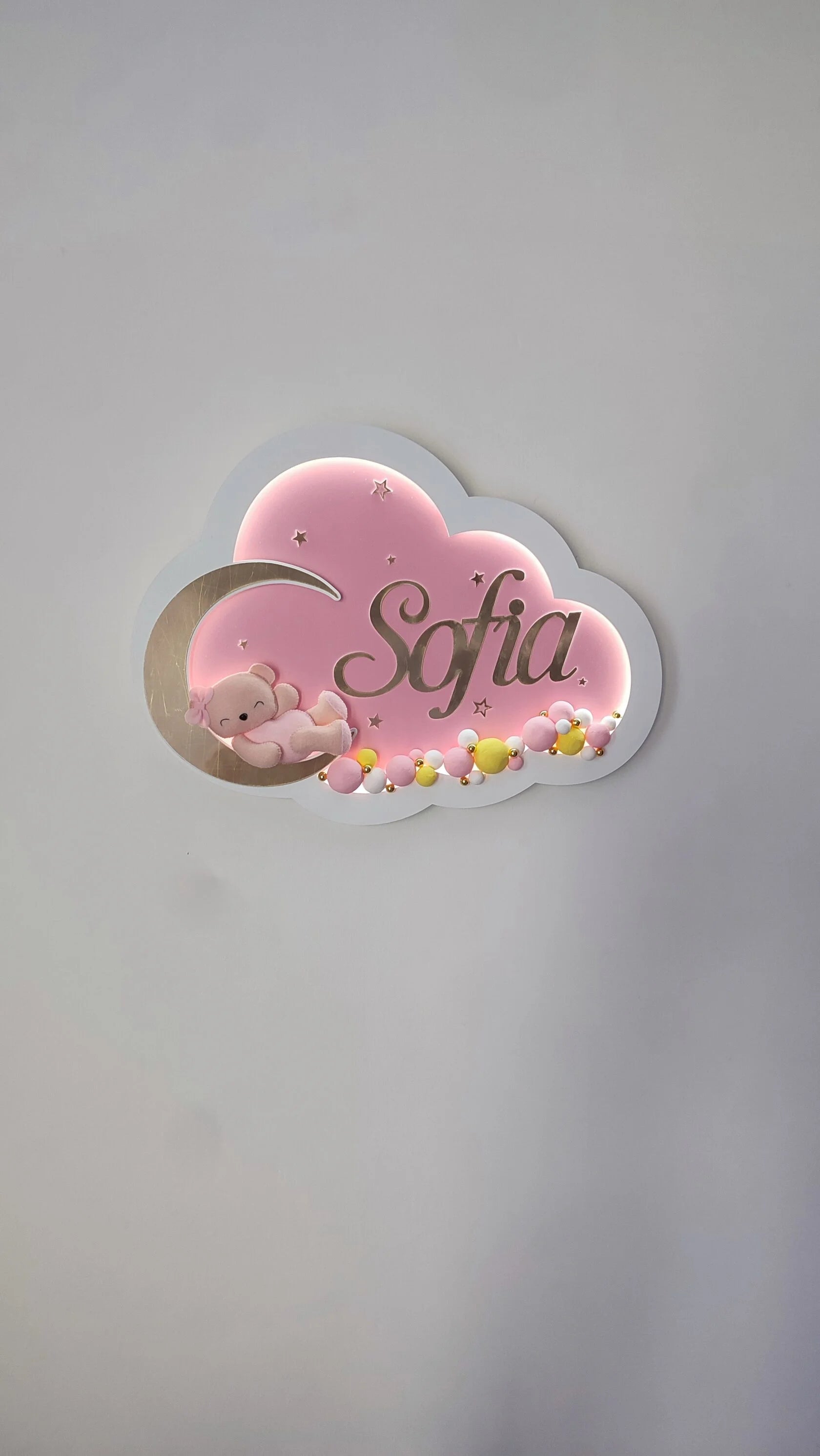 Lampada nuvola personalizzata nome bambina – orsetto sulla luna, palline decorative rosa giallo bianco