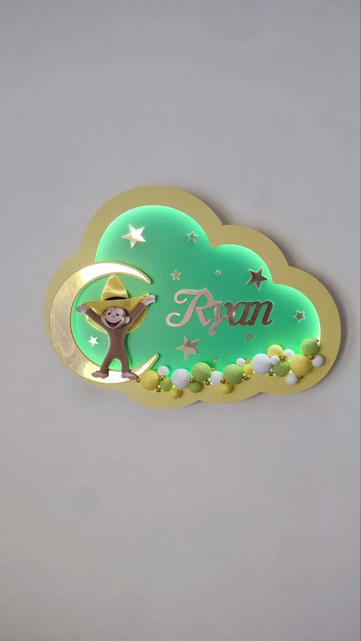 luce notturna nuvola verde e oro con nome inciso personalizzata scimmietta su luna e perline dipinte a mano