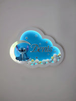 Luce notte nuvola Stitch con nome personalizzato sfondo azzurro e palloncini dipinti a mano