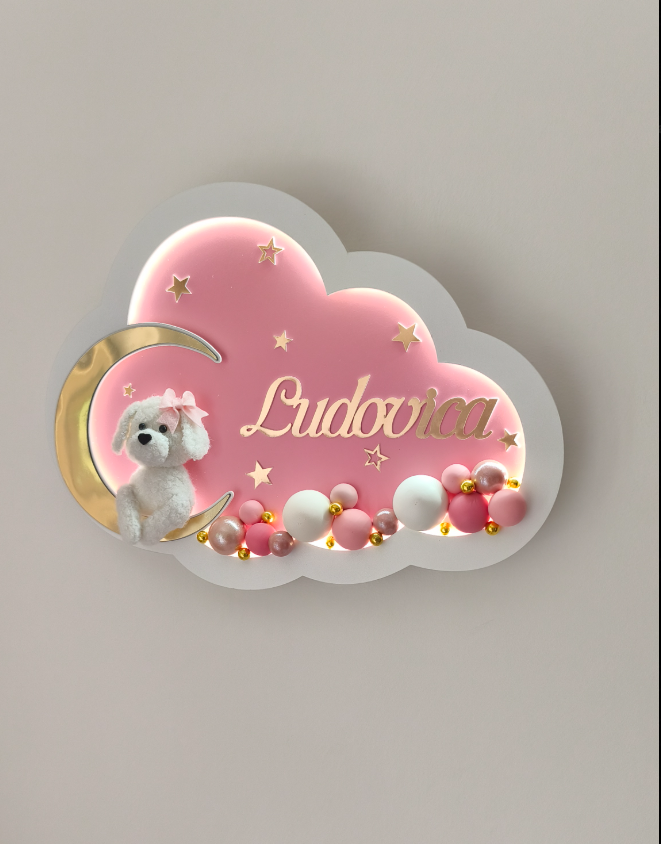 Luce notturna a nuvola rosa con cagnolino bianco, luna oro e nome personalizzato, lampada per cameretta bambina