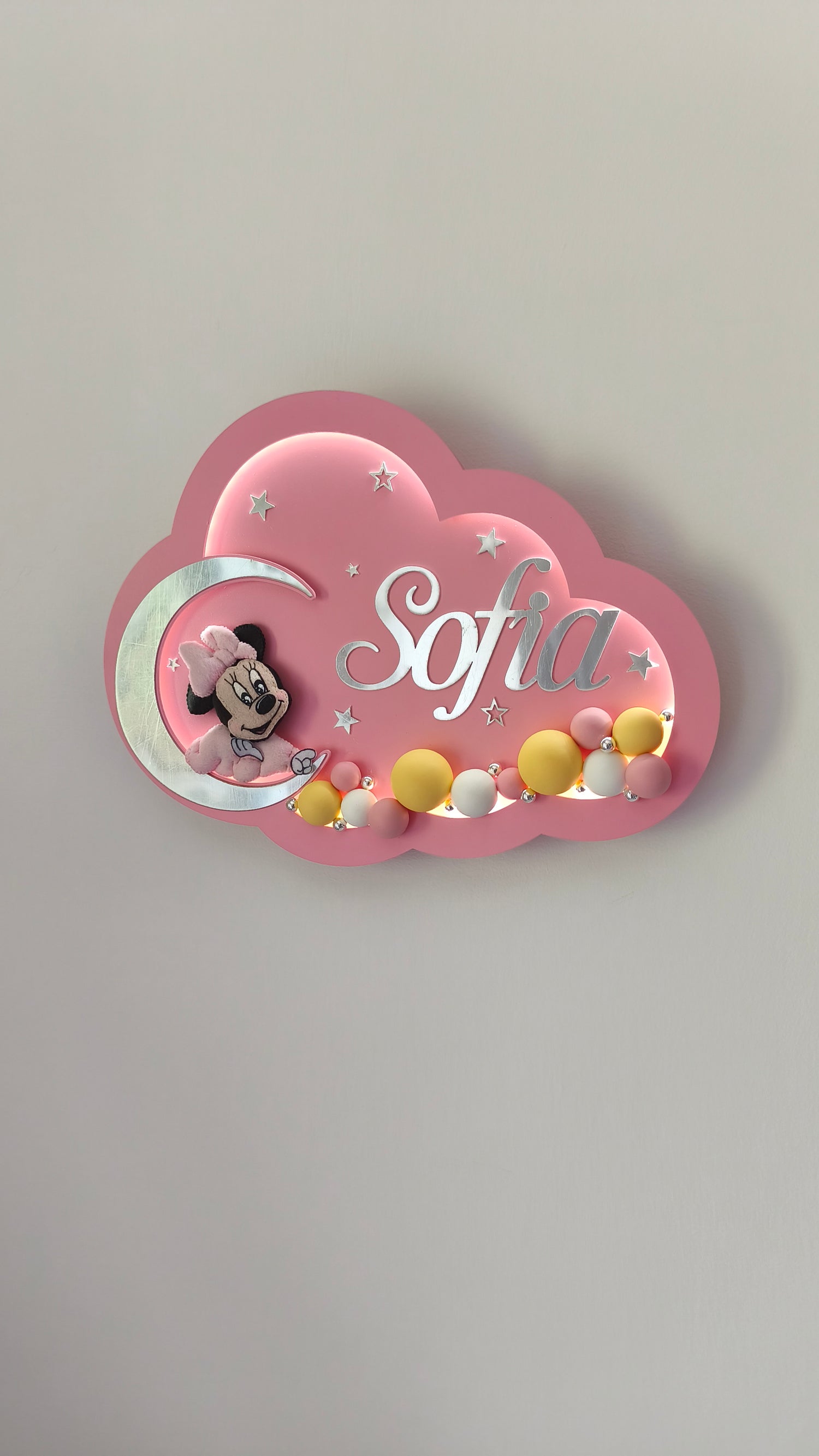 Luce notturna nuvola rosa con nome Sofia, topolino su luna argento e stelle, luce LED cameretta bimba