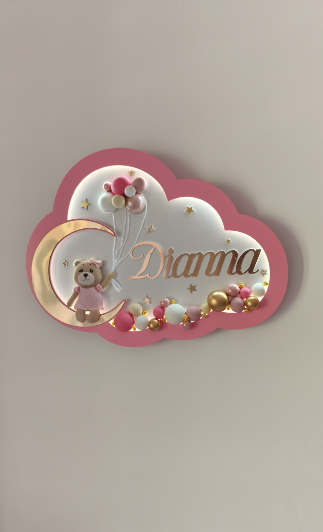 Luce notturna a nuvola rosa con orsetto sulla luna oro, palloncini e nome personalizzato, lampada cameretta bambina