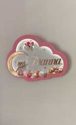Luce notturna a nuvola rosa con orsetto sulla luna oro, palloncini e nome personalizzato, lampada cameretta bambina