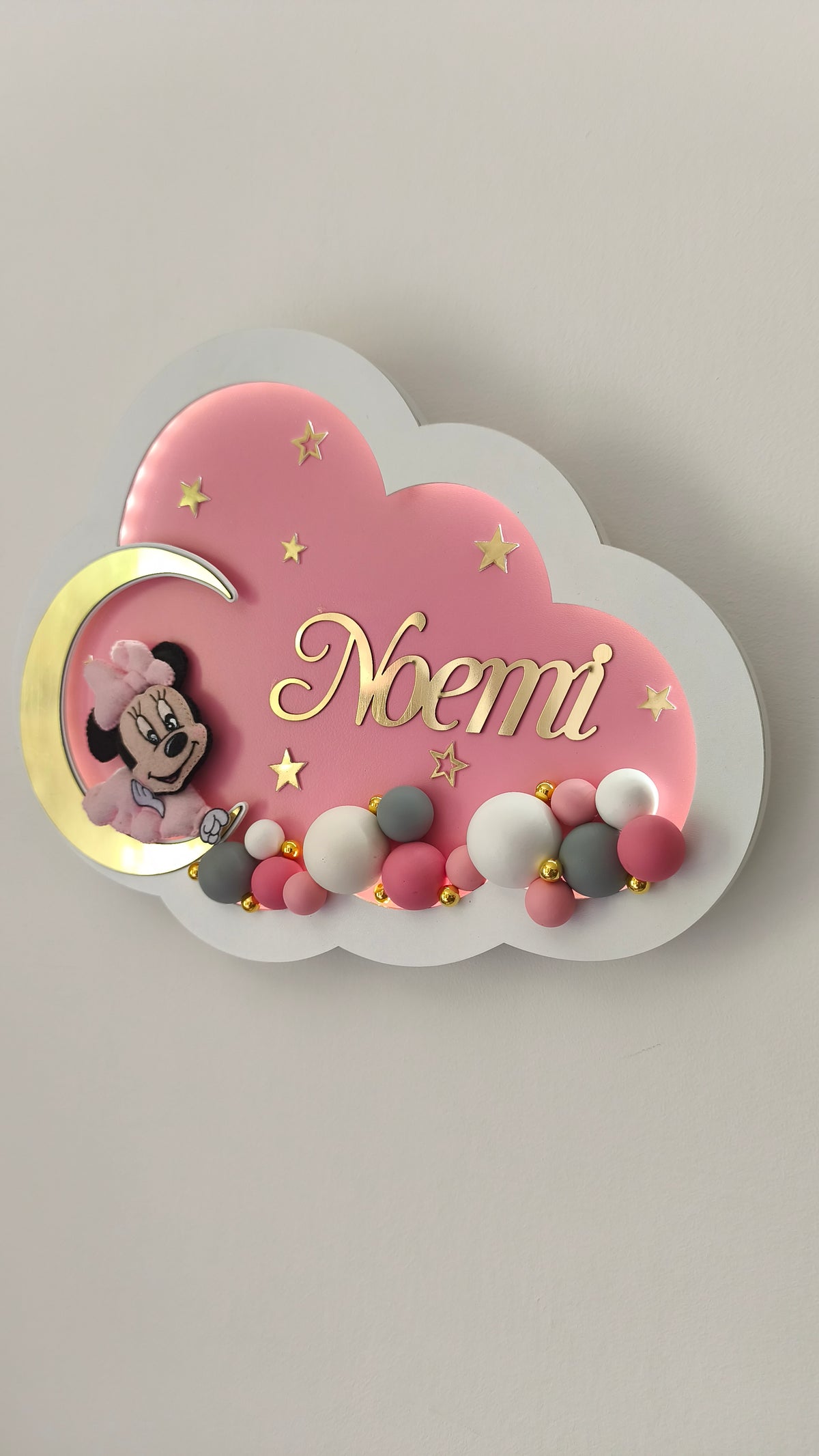 Luce notturna nuvola rosa personalizzata con nome bambina, minnie con fiocco su luna dorata