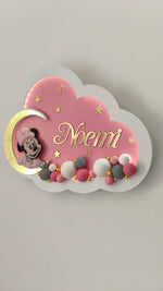 Luce notturna nuvola rosa personalizzata con nome bambina, minnie con fiocco su luna dorata