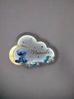 Luce notturna nuvola Stitch personalizzata con nome, luna dorata, palloncini turchese e bianchi, fatta a mano