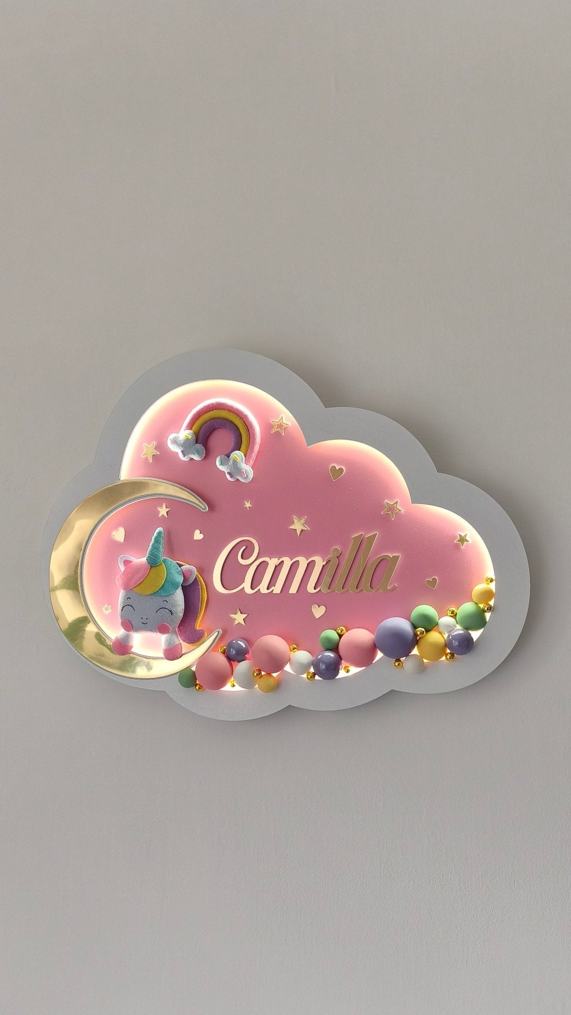 Luce Notturna per Bambini Personalizzata Unicorno con Arcobaleno – Con Nome Bambino - universo del bambino
