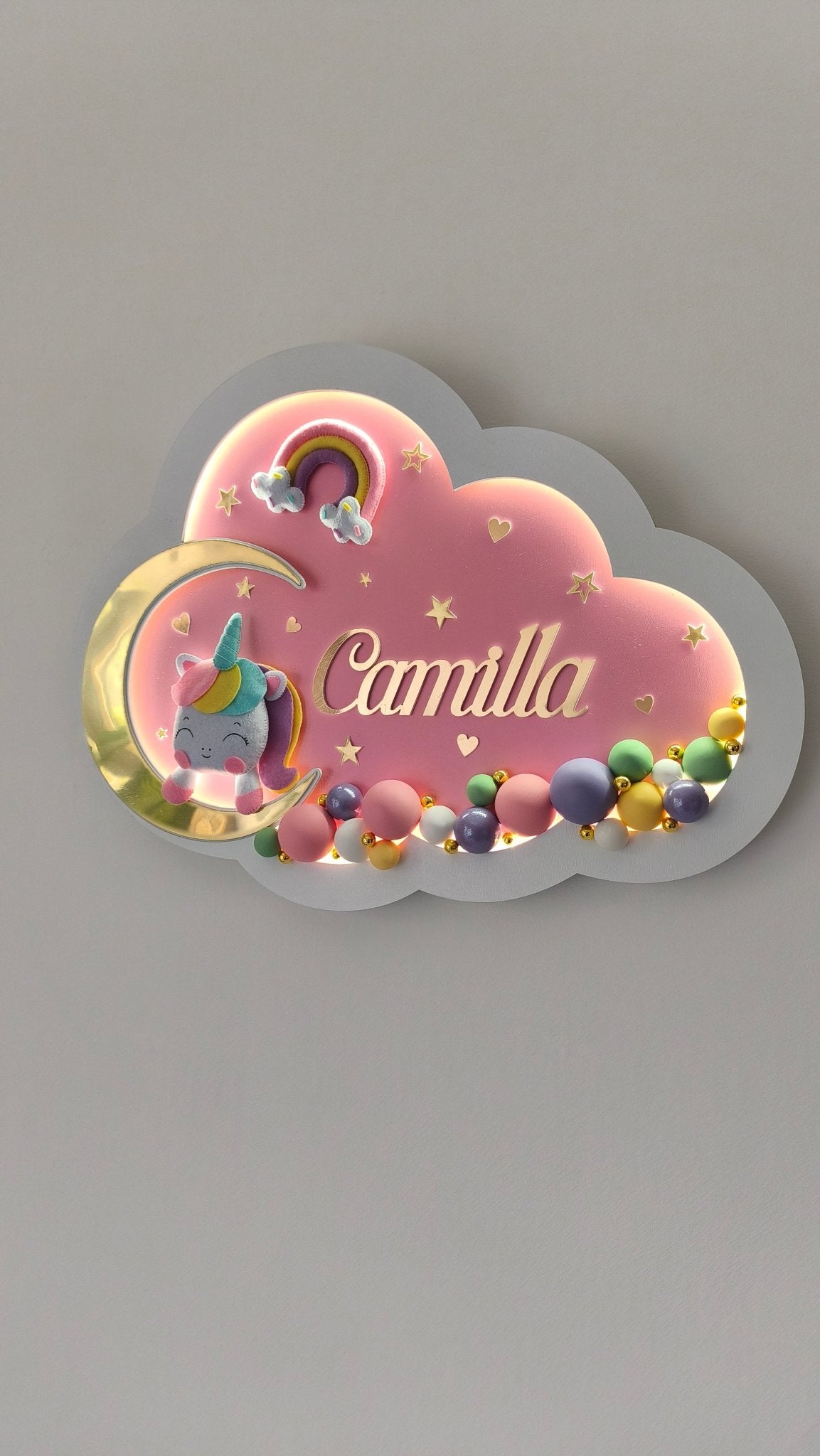 Luce Notturna per Bambini Personalizzata Unicorno con Arcobaleno – Con Nome Bambino - universo del bambino