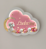 Luce notturna personalizzata a nuvola rosa e oro con nome, cagnolino, stelle e palline decorative