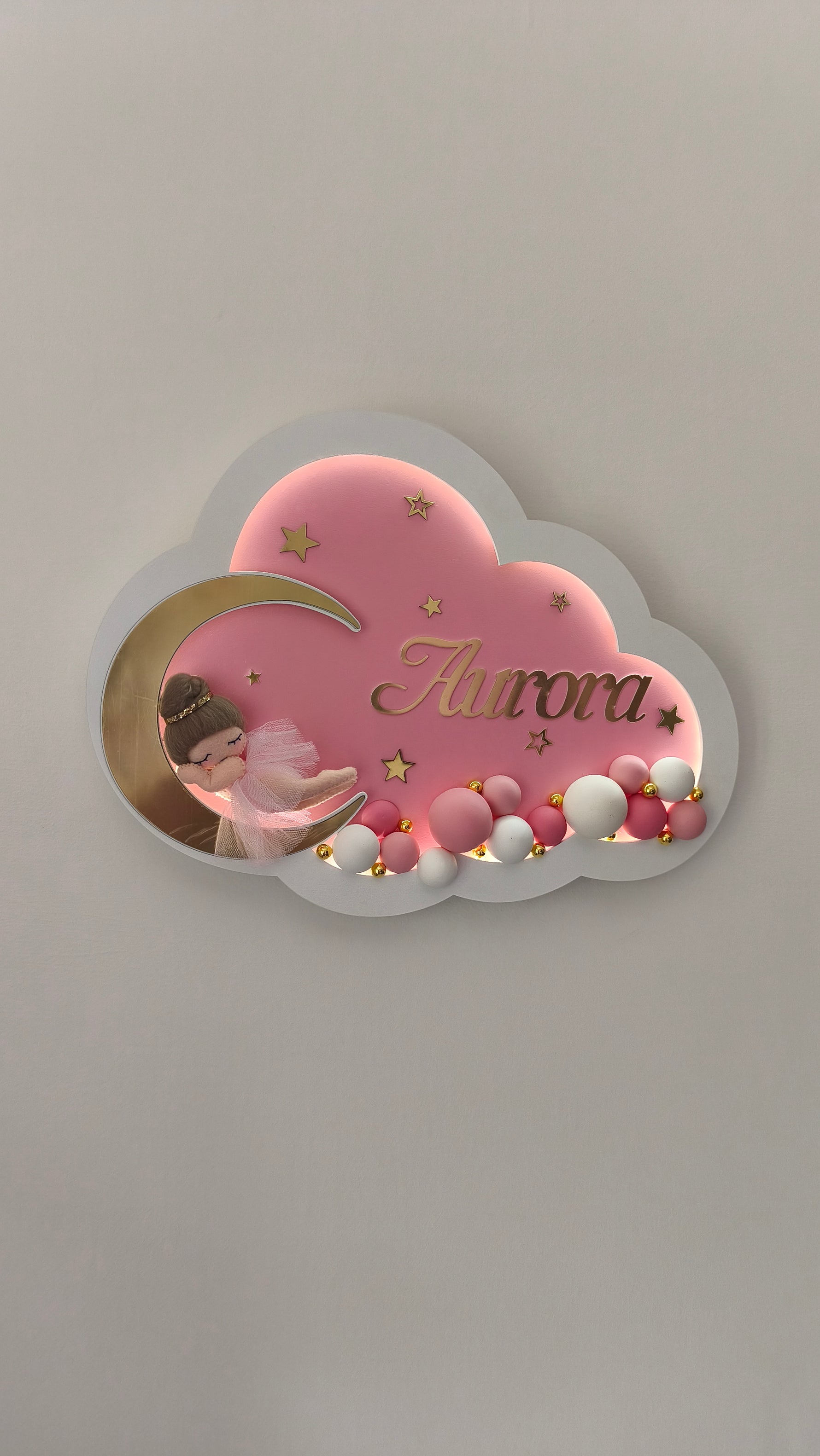 Lampada led neonata personalizzata rosa e oro con stelline e sfere decorative, idea regalo nascita per bambina