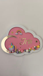 Luce notturna nuvola rosa personalizzata con nome bambina, unicorno kawaii arcobaleno su luna dorata