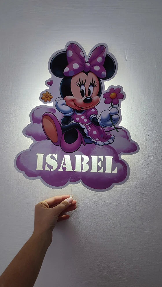 Luce notturna stampata di Minnie Disney accesa a parete, lampada led printer viola personalizzata con nome 