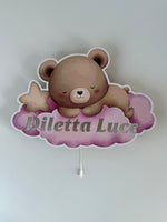 Luce notturna stampata con orsetto su nuvola rosa personalizzata con nome da parete, applique led printer.