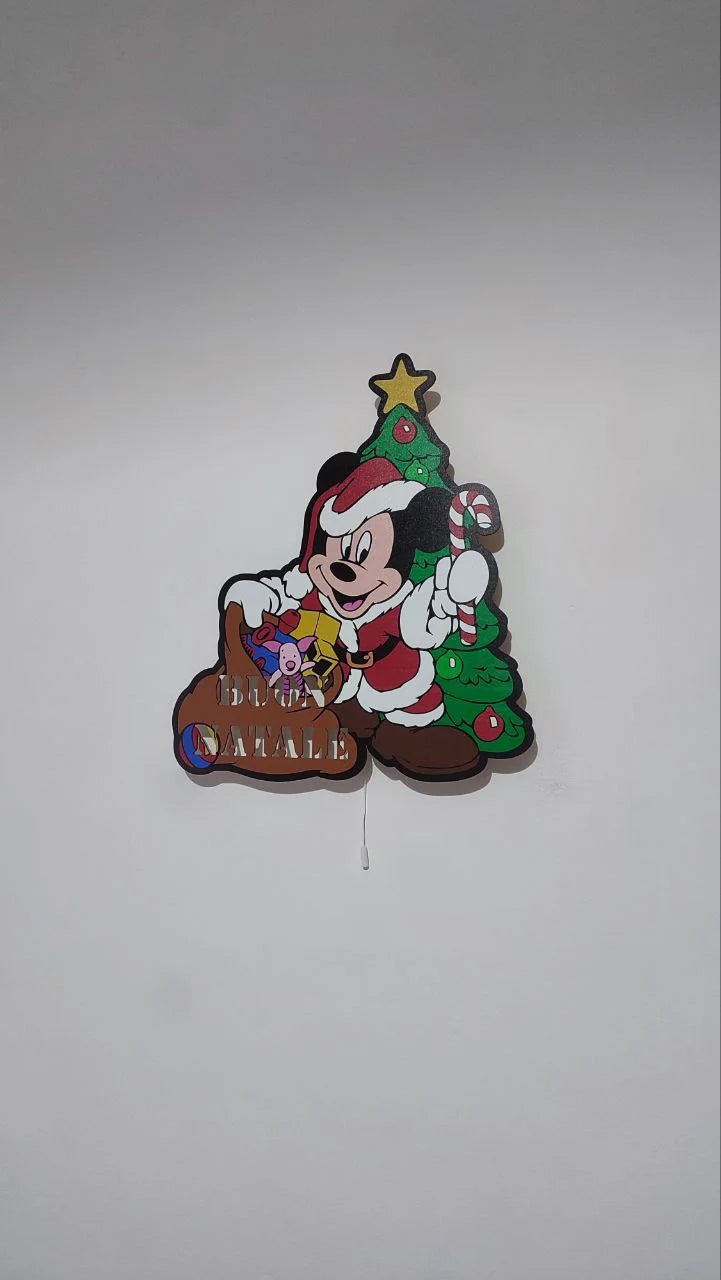 Luce notturna stampata di Topolino Babbo Natale da parete, applique led printer con albero e scritta Buon Natale.