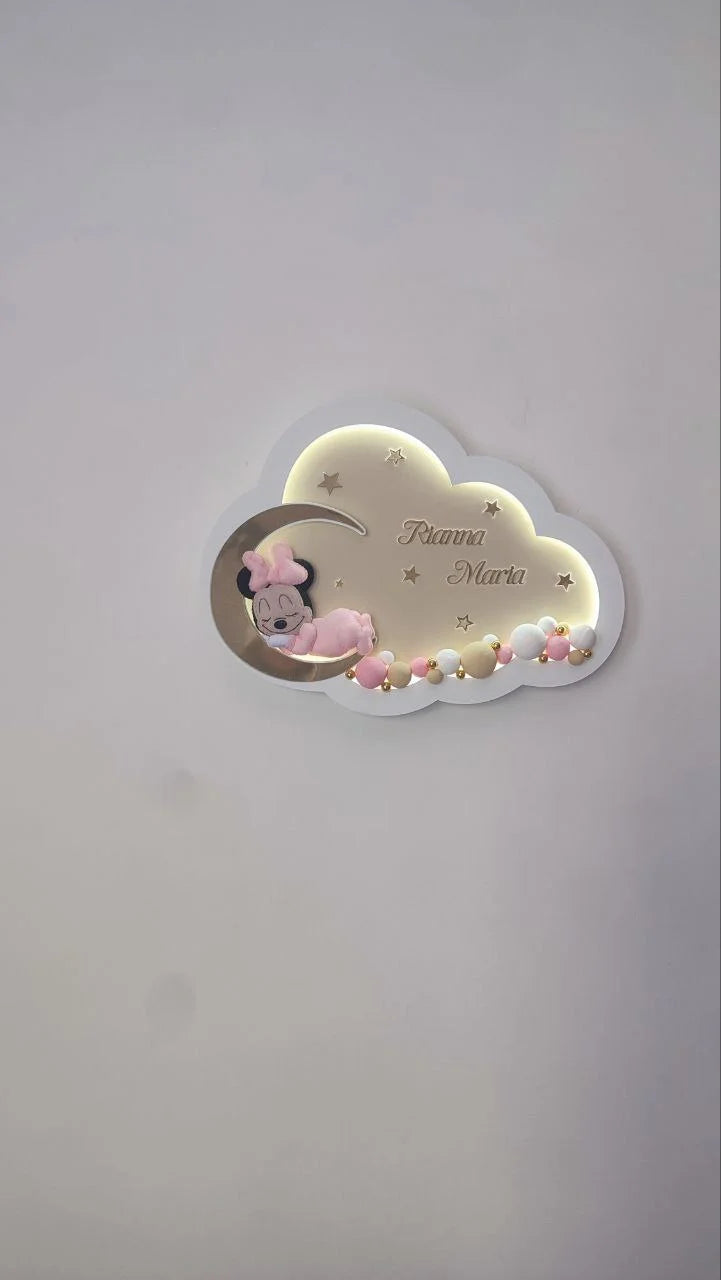 Luce notturna nuvola LED con topolina su luna, nome personalizzato inciso, perline bianche rosa e oro