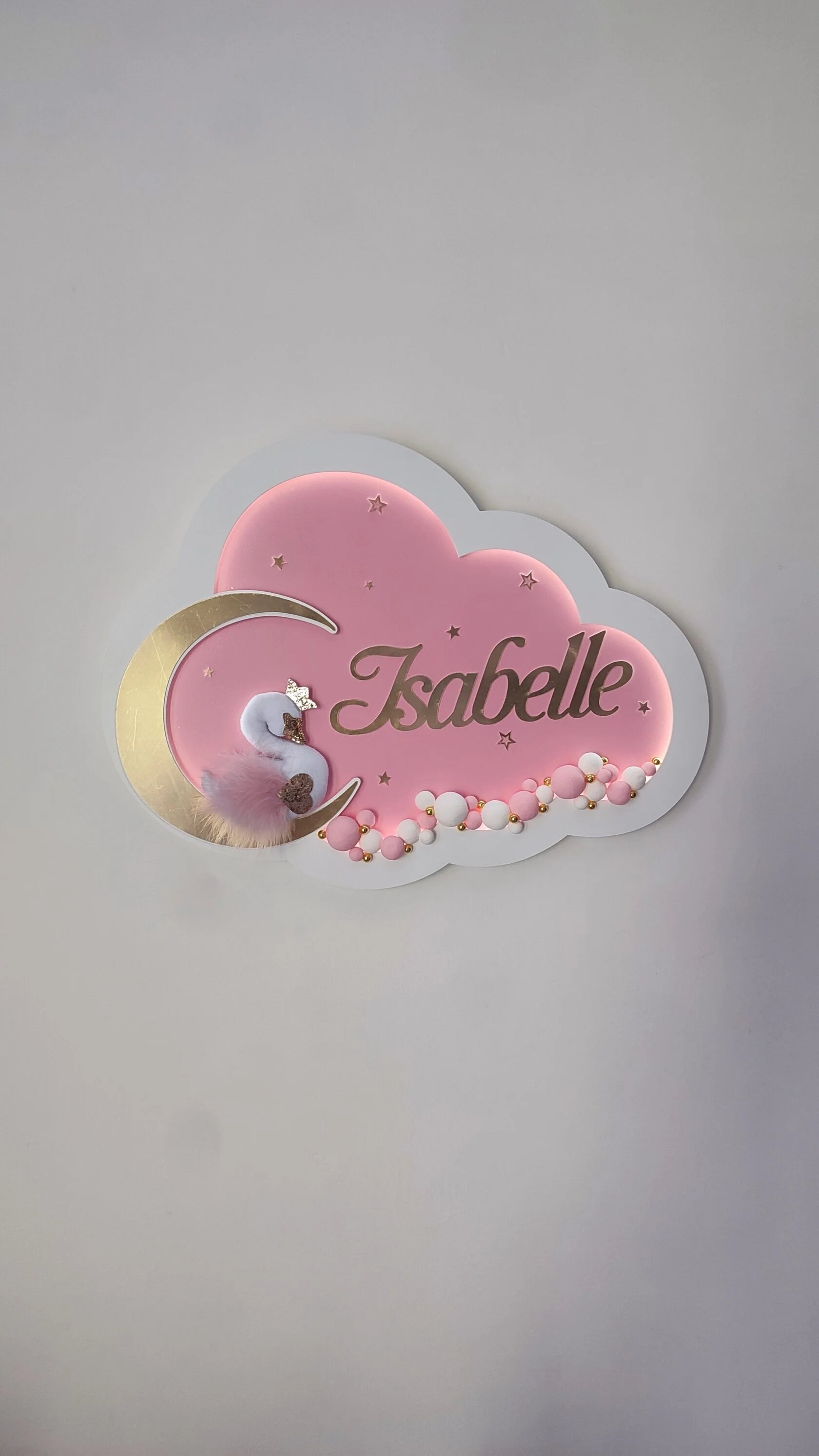 Luce notturna LED a forma di nuvola rosa personalizzata con nome, palline dipinte a mano, Cigno in feltro artigianale 