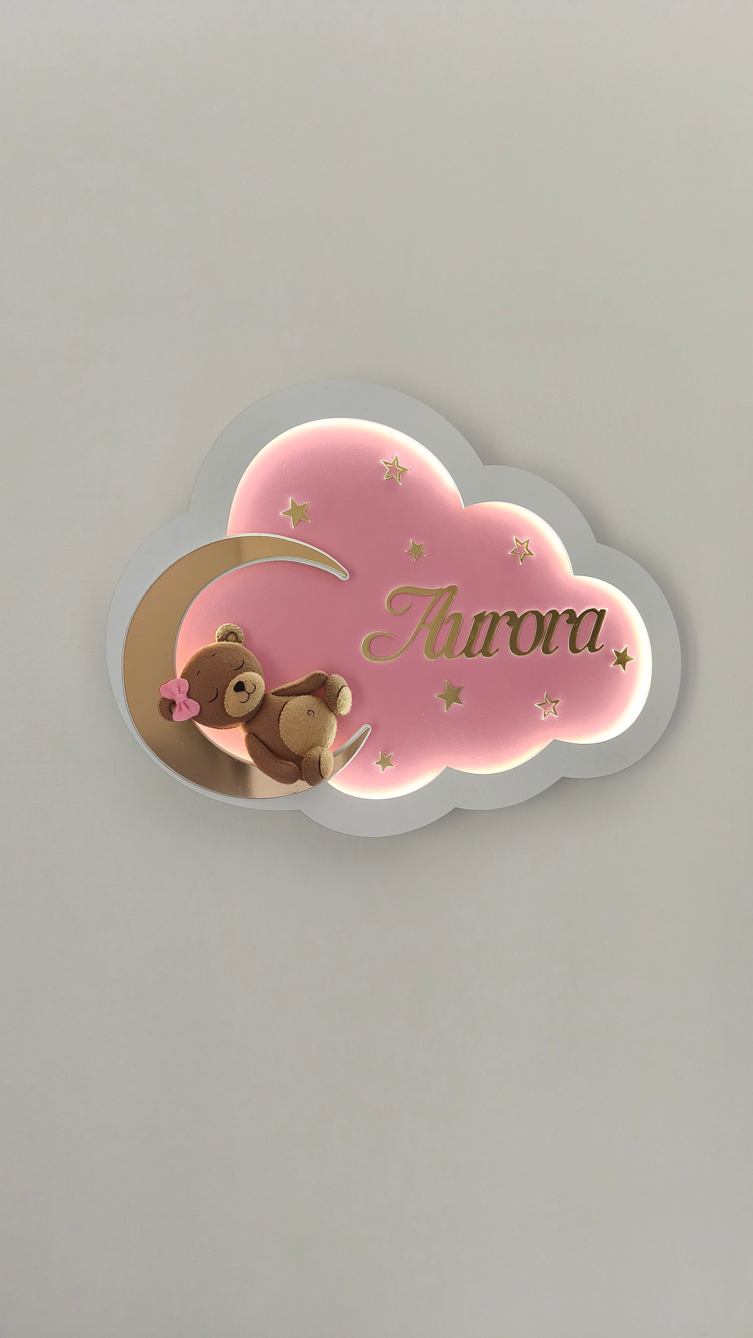 luce notturna con stelline e nome oro aurora lampada rosa e orso con fiocco femmina