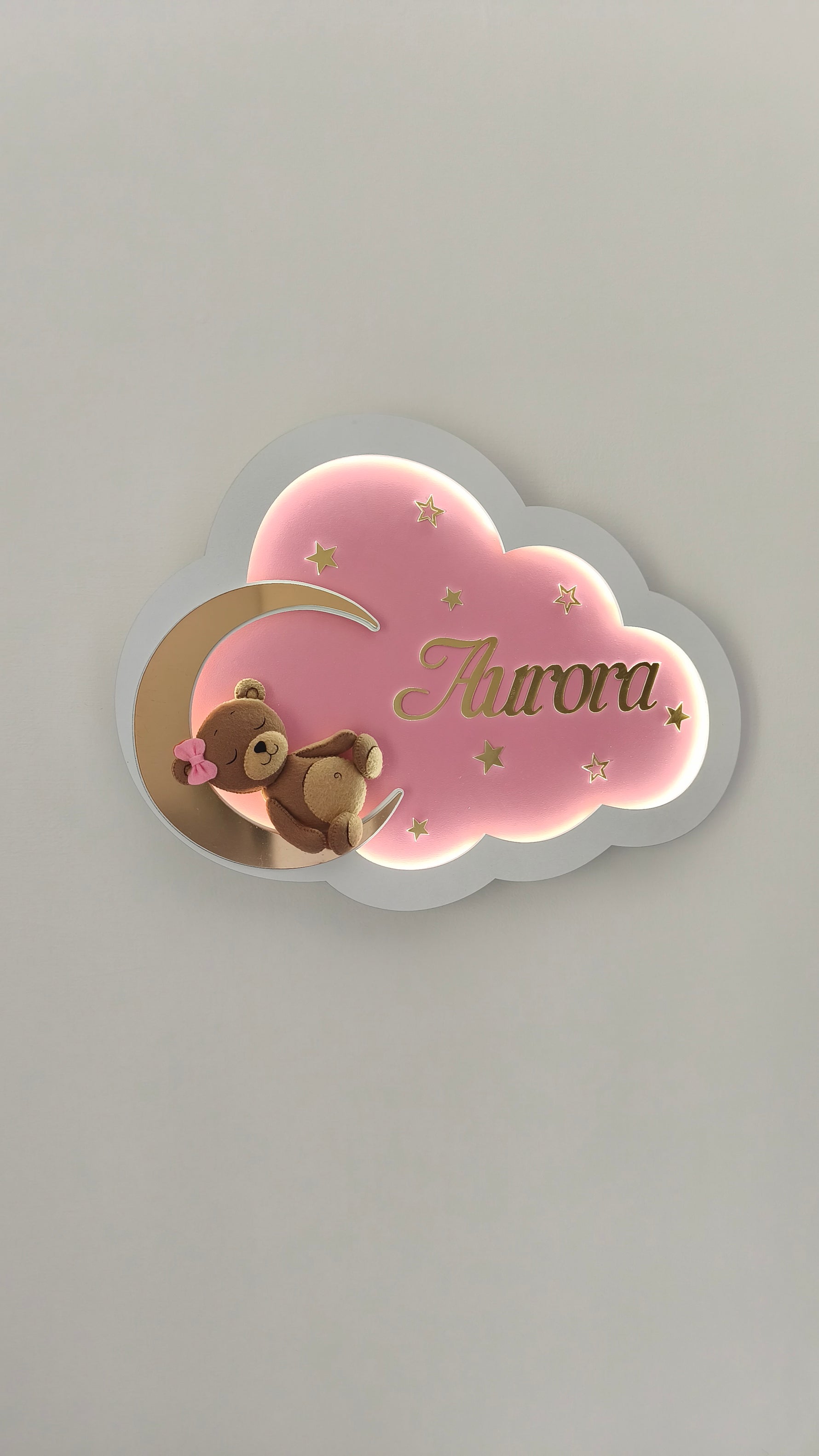 luce notturna con stelline e nome oro aurora lampada rosa e orso con fiocco femmina