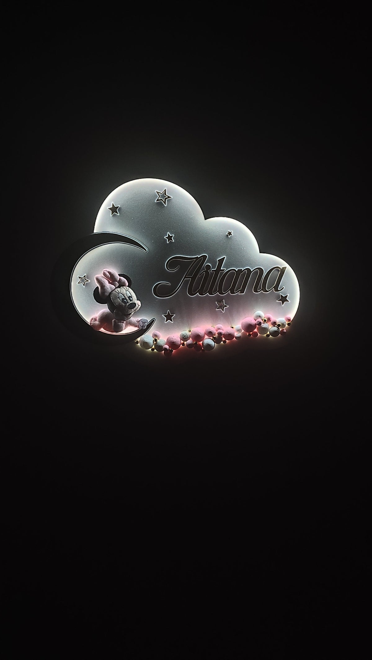 Luce notturna personalizzata con Minnie sulla luna, nuvola illuminata LED, nome inciso su misura, stelle, regalo nascita bambina