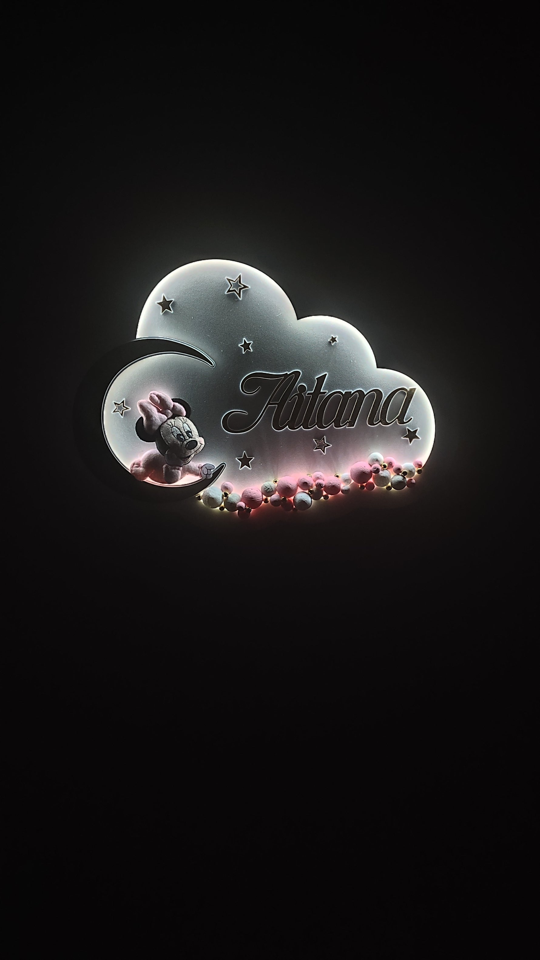 Luce notturna personalizzata con Minnie sulla luna, nuvola illuminata LED, nome inciso su misura, stelle, regalo nascita bambina