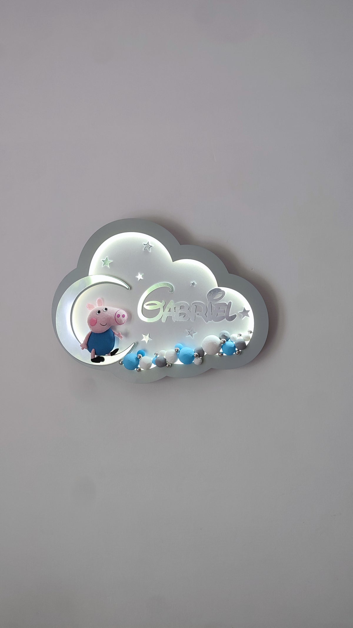 Luce notturna personalizzata nuvola bianca George Pig sulla luna, nome inciso su misura, luce LED calda, regalo nascita bambino