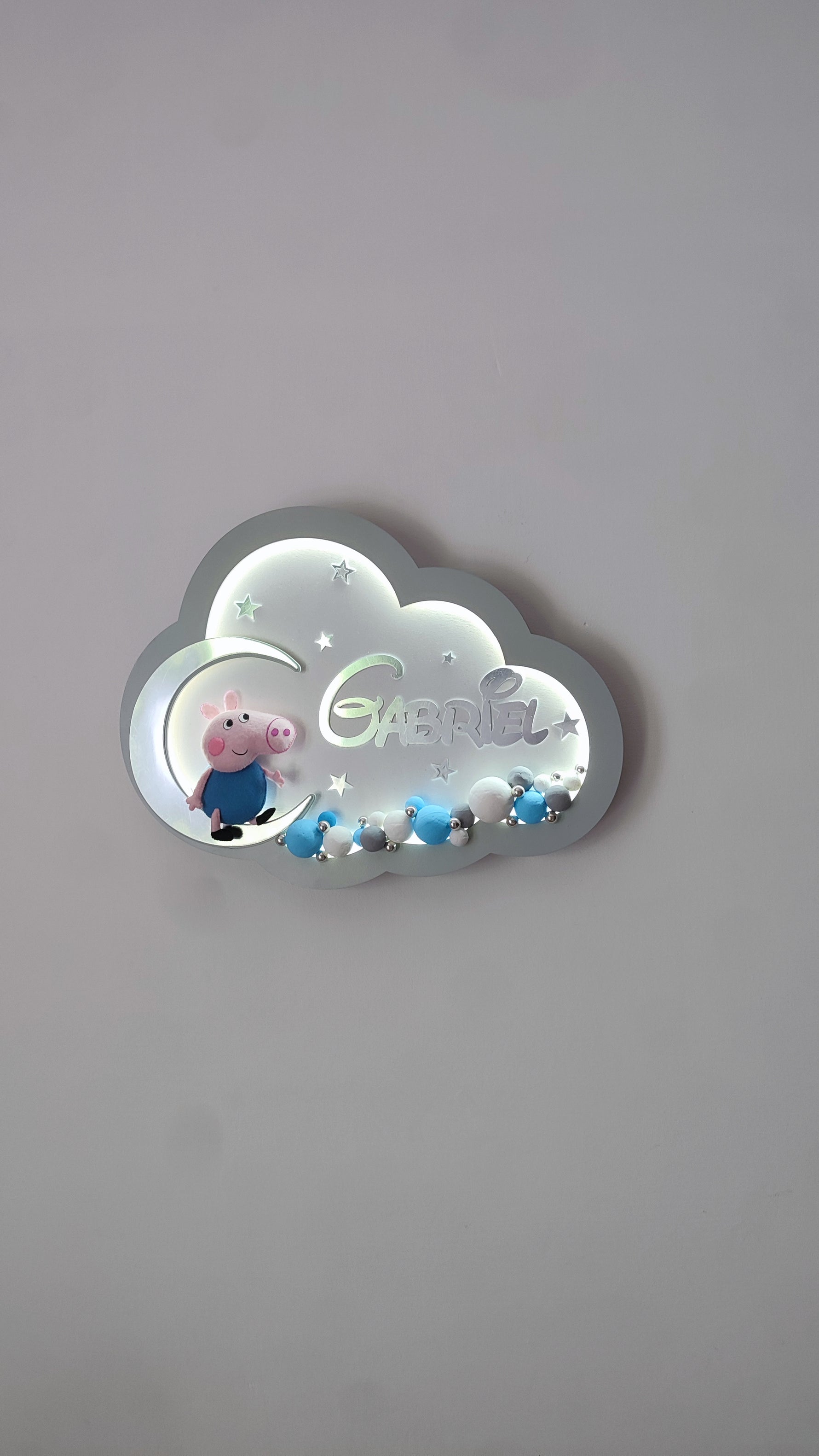 Luce notturna personalizzata nuvola bianca George Pig sulla luna, nome inciso su misura, luce LED calda, regalo nascita bambino