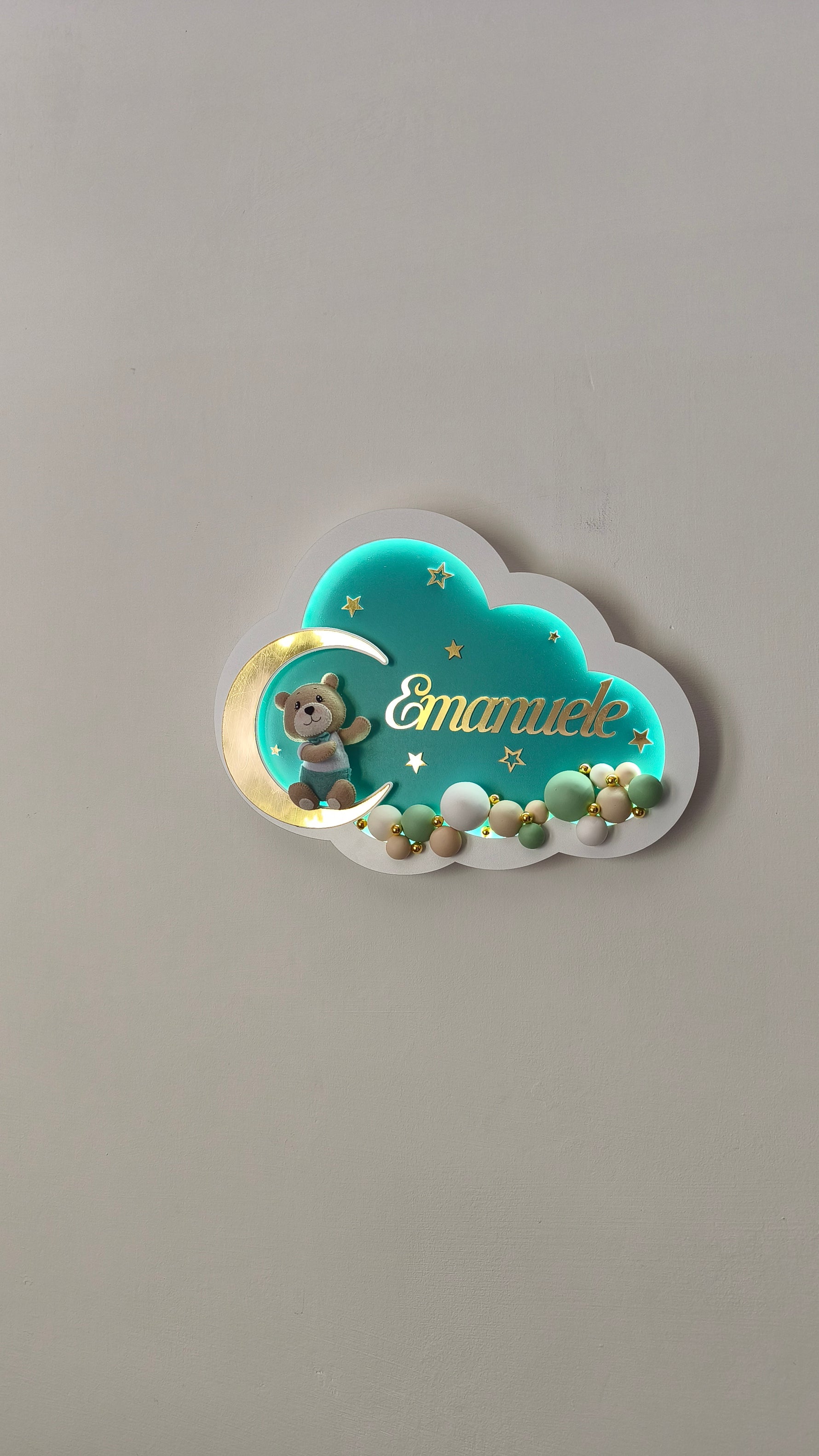 Luce notturna nuvola mint orsetto papillon sulla luna dorata, nome personalizzato dorato, palline verdi e beige LED, neonato