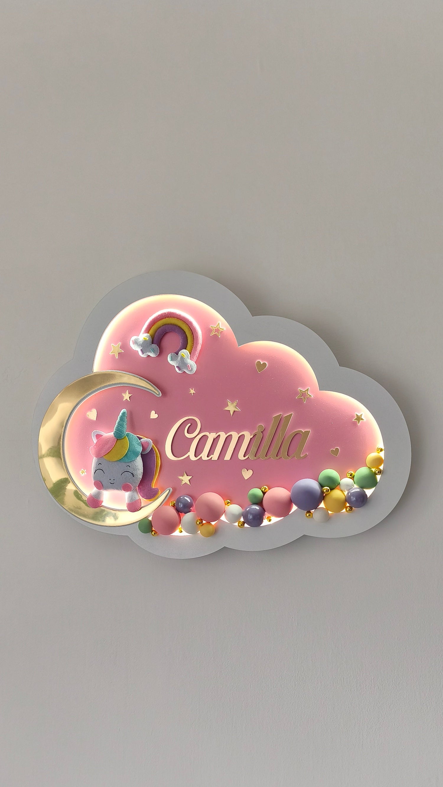 luce notturna rosa cameretta bambina unicorno e acobaleno colori pastello lilla, giallo, rosa antico, menta