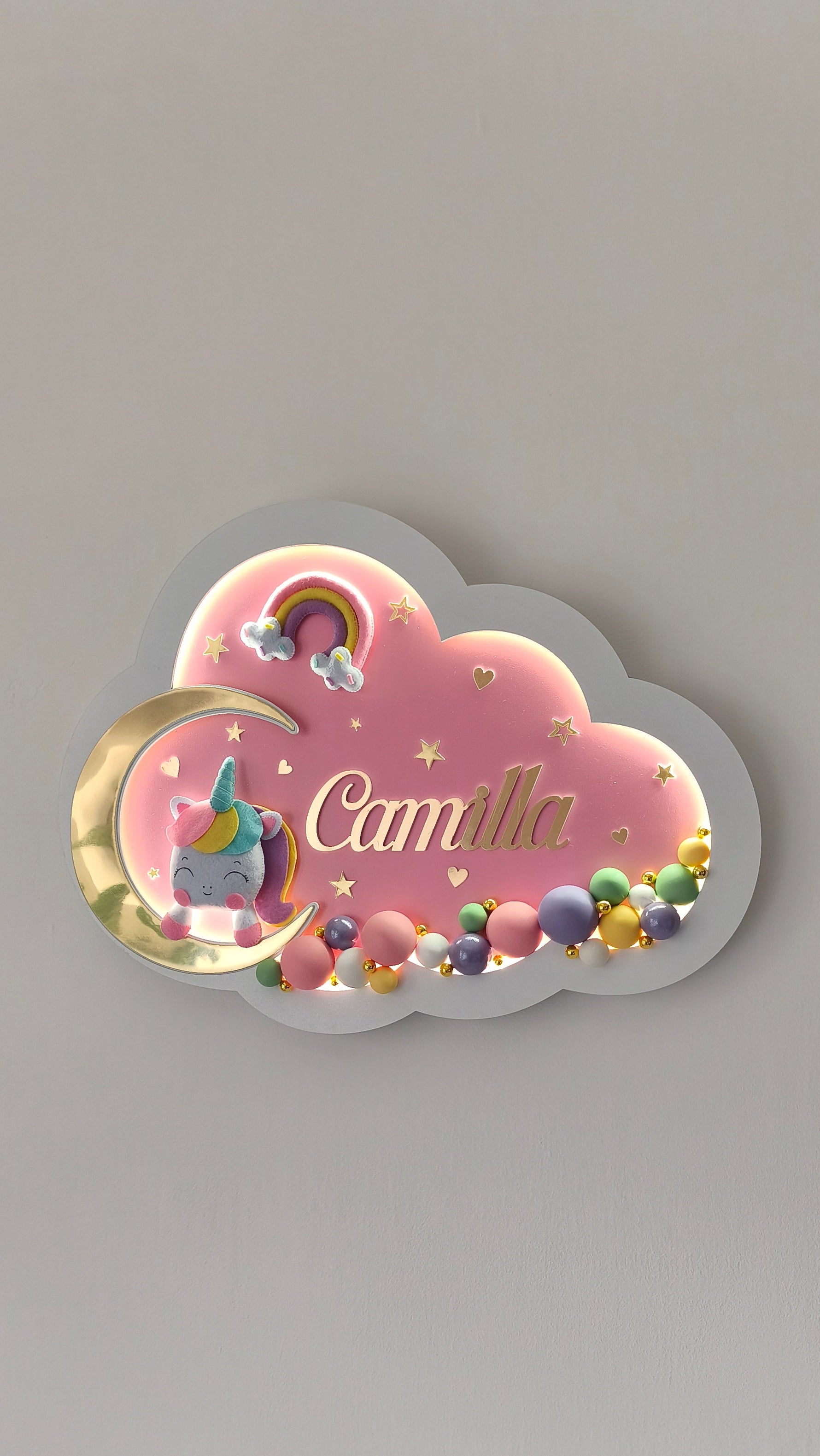 luce notturna rosa cameretta bambina unicorno e acobaleno colori pastello lilla, giallo, rosa antico, menta