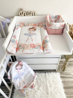 Materassino fasciatoio neonata bordi medi ballerina fiori piume rosa bianco cestino coordinato impermeabile fatto a mano