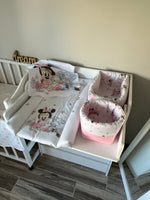 Materassino fasciatoio neonata bordi medi in cotone Minnie Mouse rosa bianco cestino coordinato double face impermeabile fatto a mano su misura 