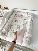 Materassino fasciatoio neonata con rulli paracolpi fantasia animali bosco, double face pois rosa impermeabile fatto a mano su misura, cambio pannolino neonata