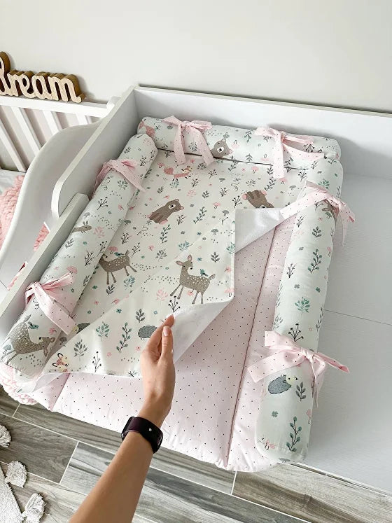 Materassino fasciatoio neonata con rulli paracolpi fantasia animali bosco, double face pois rosa impermeabile fatto a mano su misura, cambio pannolino neonata