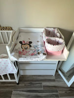 Materassino fasciatoio neonata Minnie Mouse rosa bianco bordi medi in cotone  double face impermeabile fatto a mano su misura cambio pannolino neonato