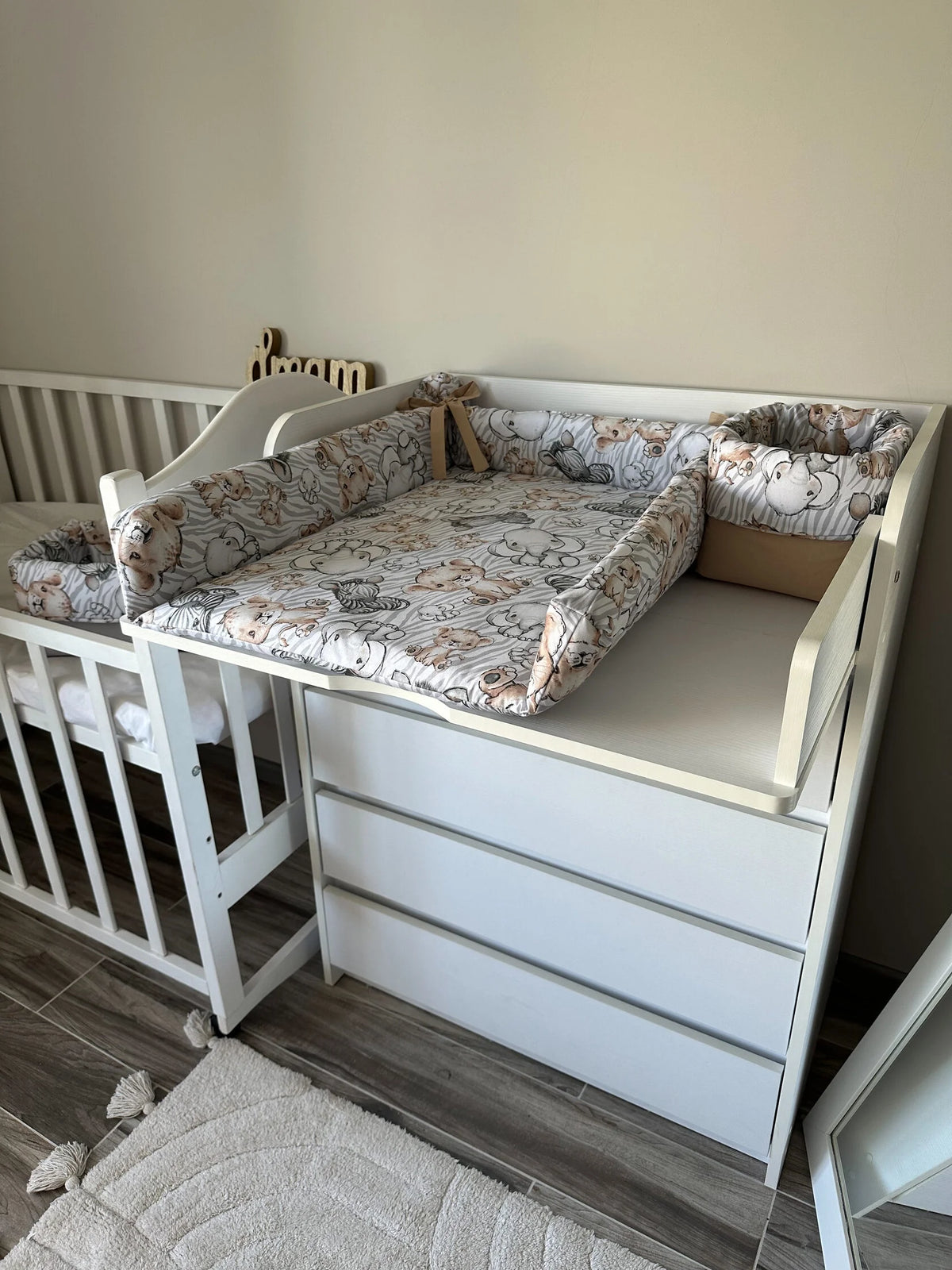Materassino fasciatoio neonato elefante zebra leone beige grigio bordi alti imbottiti cotone double face imperniabile lavabile unisex