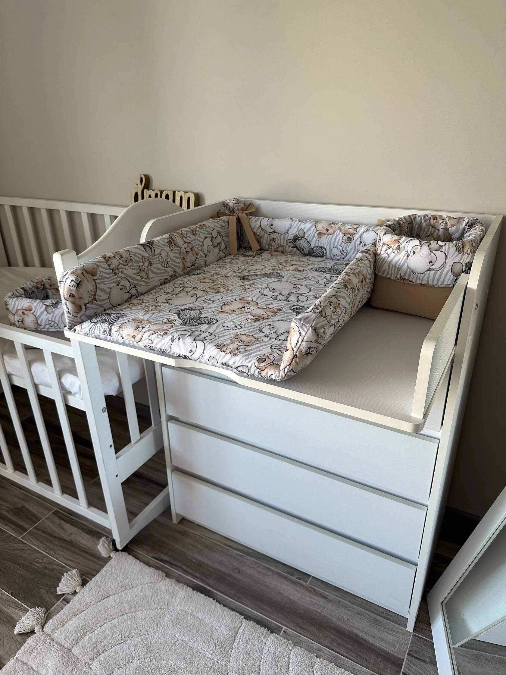 Materassino fasciatoio neonato elefante zebra leone beige grigio bordi alti imbottiti cotone double face imperniabile lavabile unisex