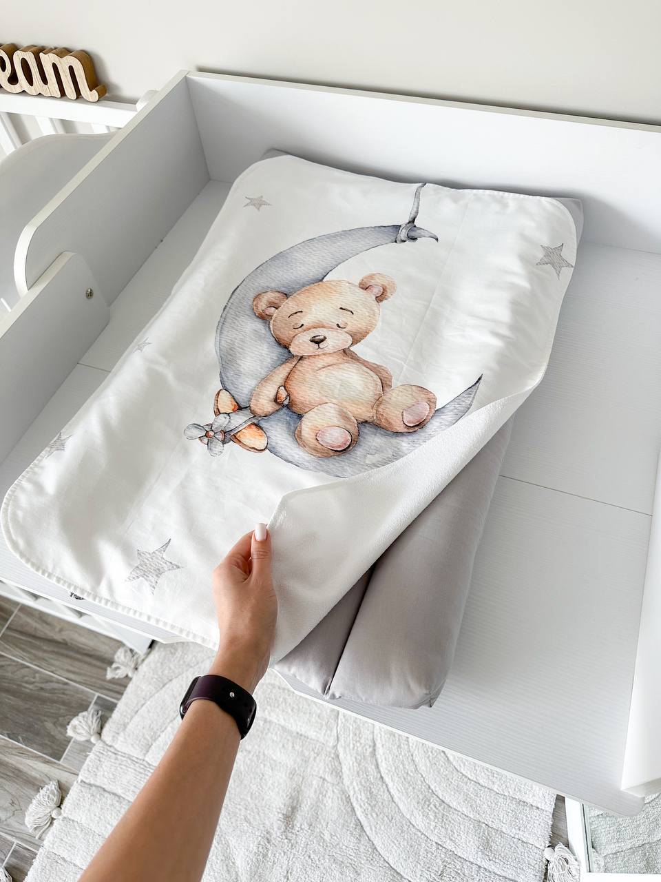 Materassino fasciatoio neonato orsetto luna stelle grigio bianco bordi imbottiti double face impermeabile fatto a mano