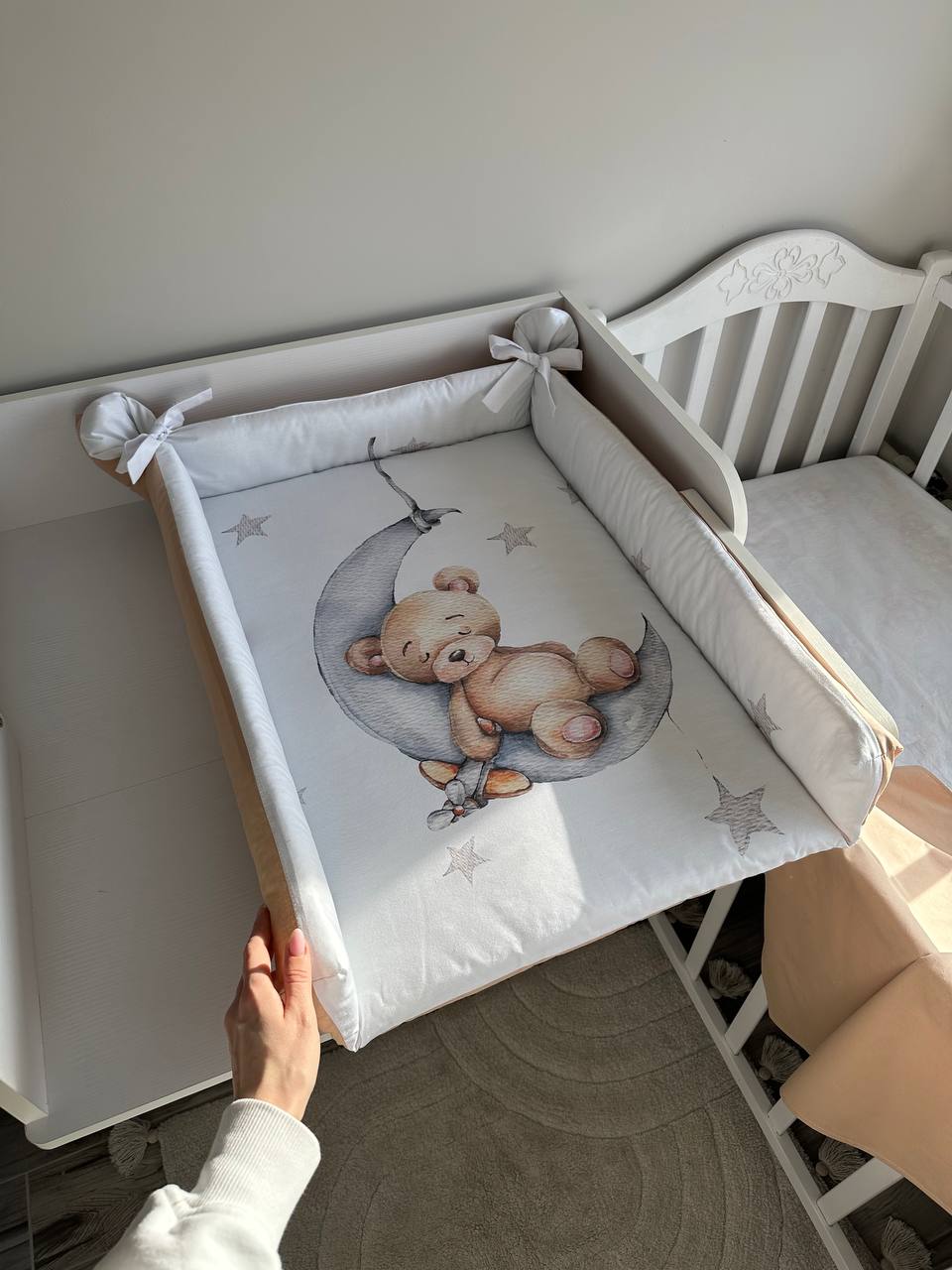 Materassino fasciatoio orsetto addormentato luna stelle grigie bordi alti imbottiti cotone double face lavabile neonato unisex