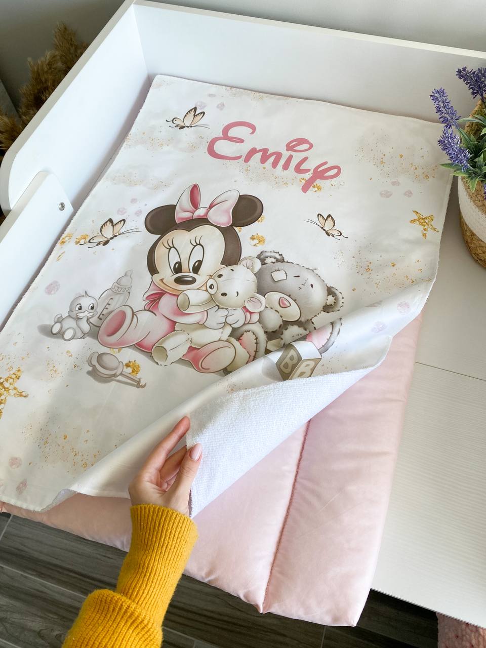 Materassino fasciatoio neonata personalizzato nome rosa bordi imbottiti cotone impermeabile fatto a mano