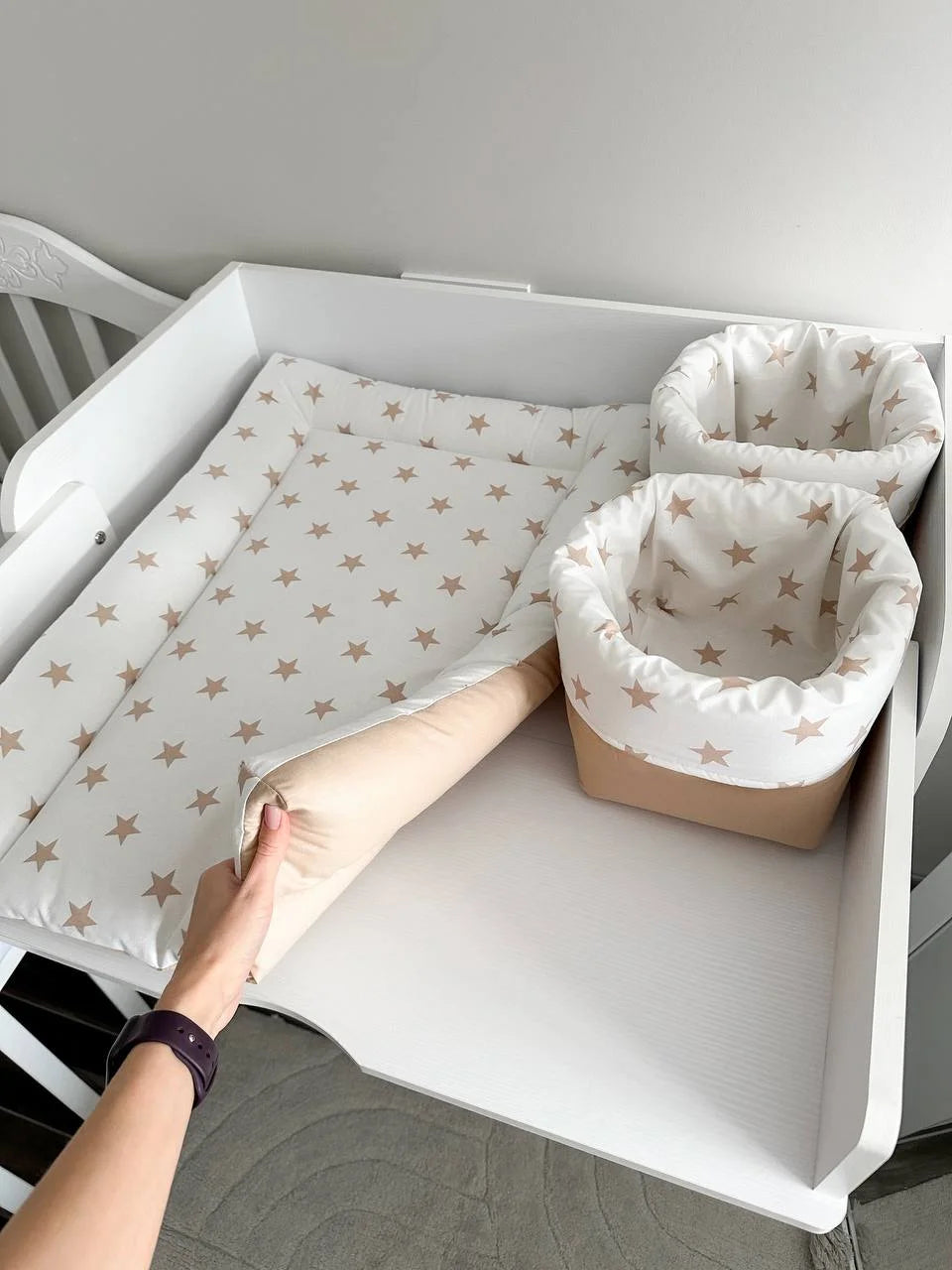 Materassino fasciatoio neonato stelle beige bordi imbottiti cotone impermeabile fatto a mano, double face 