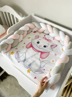 Materassino fasciatoio treccia rosa bianco grigio, gattina cuori e stelle dorati, fatto a mano double face impermeabile