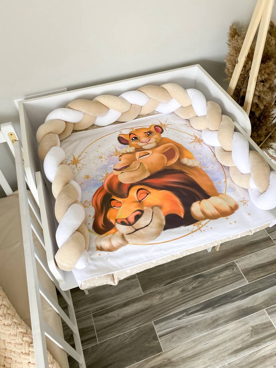 Materassino fasciatoio neonato treccia paracolpi beige bianco stampa leoncino famiglia, double face impermeabile fatto a mano su misura
