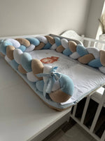 Fasciatoio neonato treccia paracolpi intrecciata celeste beige orsetto aeroplanino, materassino impermeabile fatto a mano