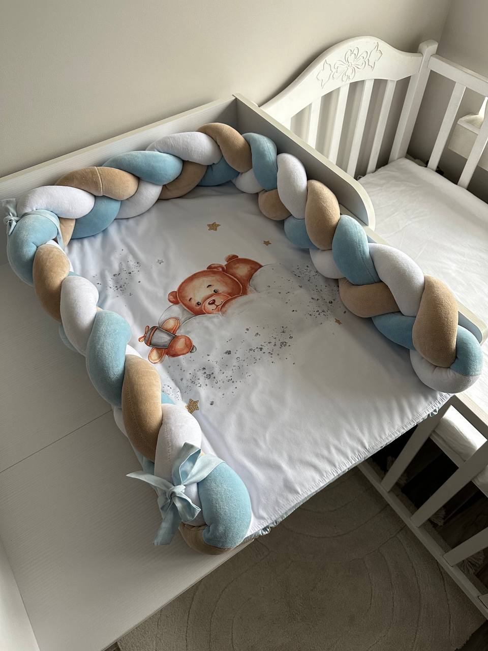  Materassino fasciatoio neonato treccia paracolpi celeste beige bianco orsetto aviatore, impermeabile double face su misura