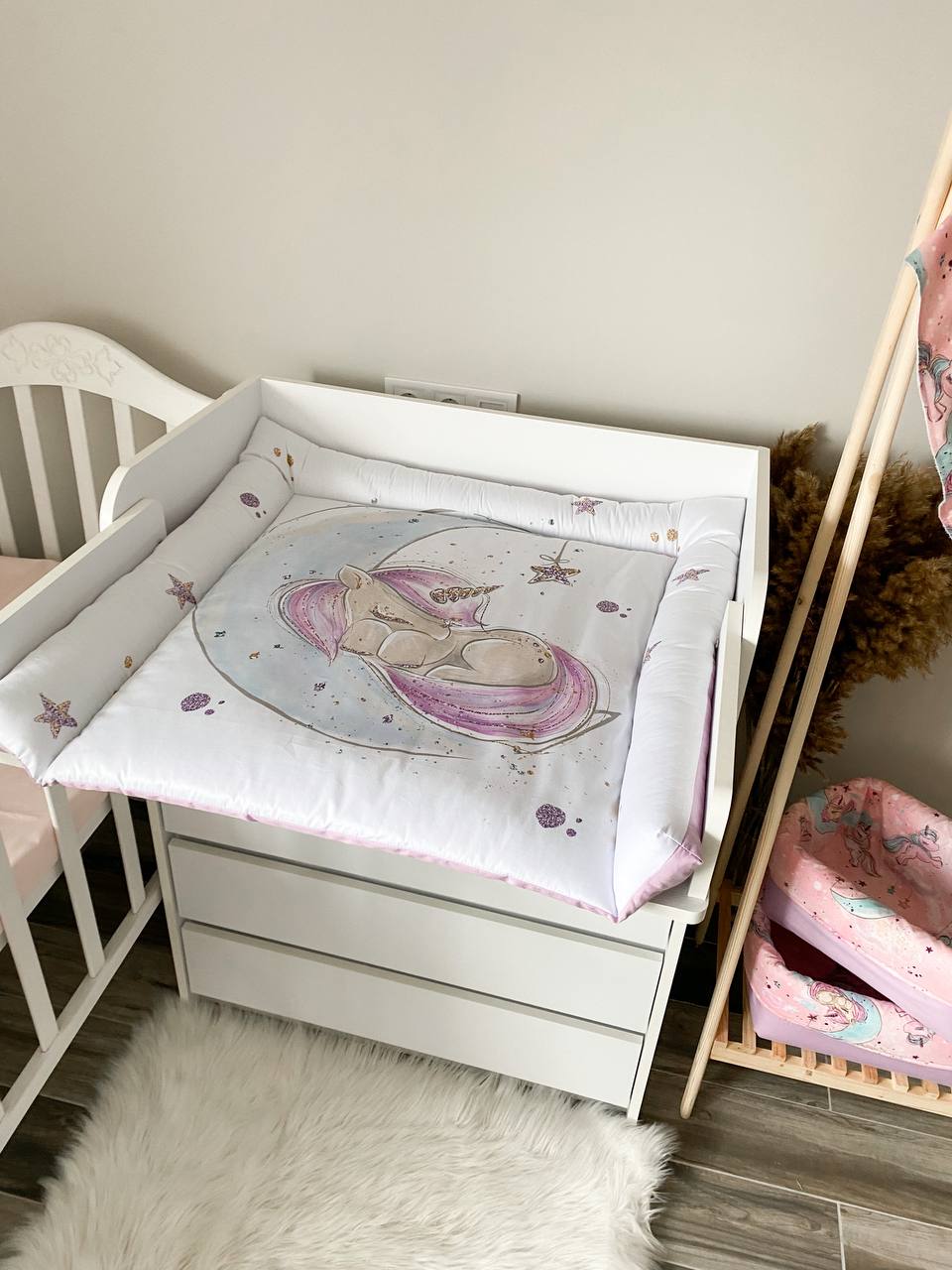 Materassino fasciatoio neonata unicorno rosa bordi imbottiti cotone impermeabile fatto a mano
